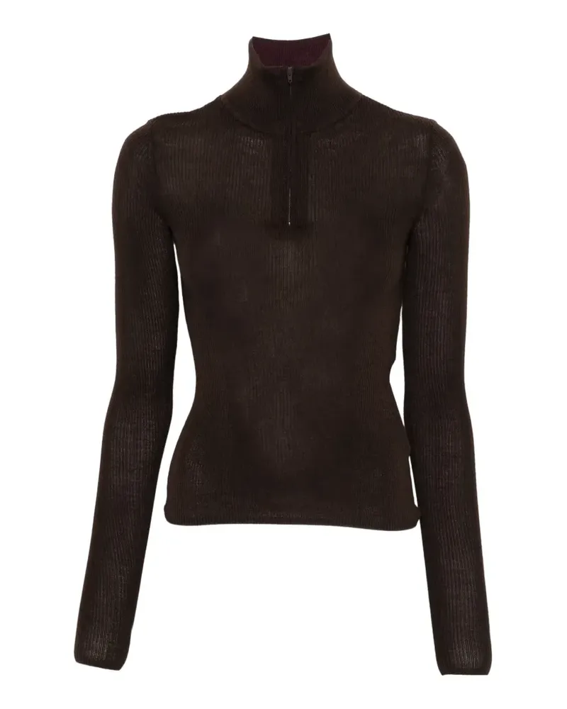 FRANKIE Shop Gerippter Pullover mit Viertelreißverschluss - Braun Braun