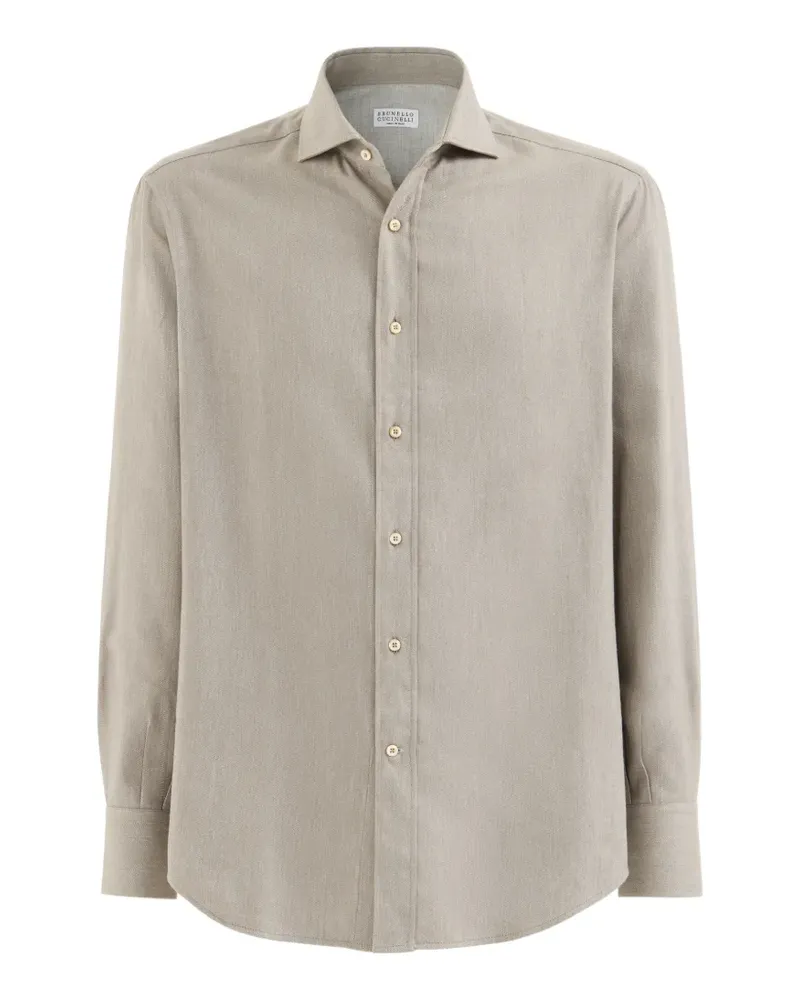 Brunello Cucinelli Flanellhemd aus Baumwollstretch mit Chevron-Muster und Spreizkragen - Nude Nude