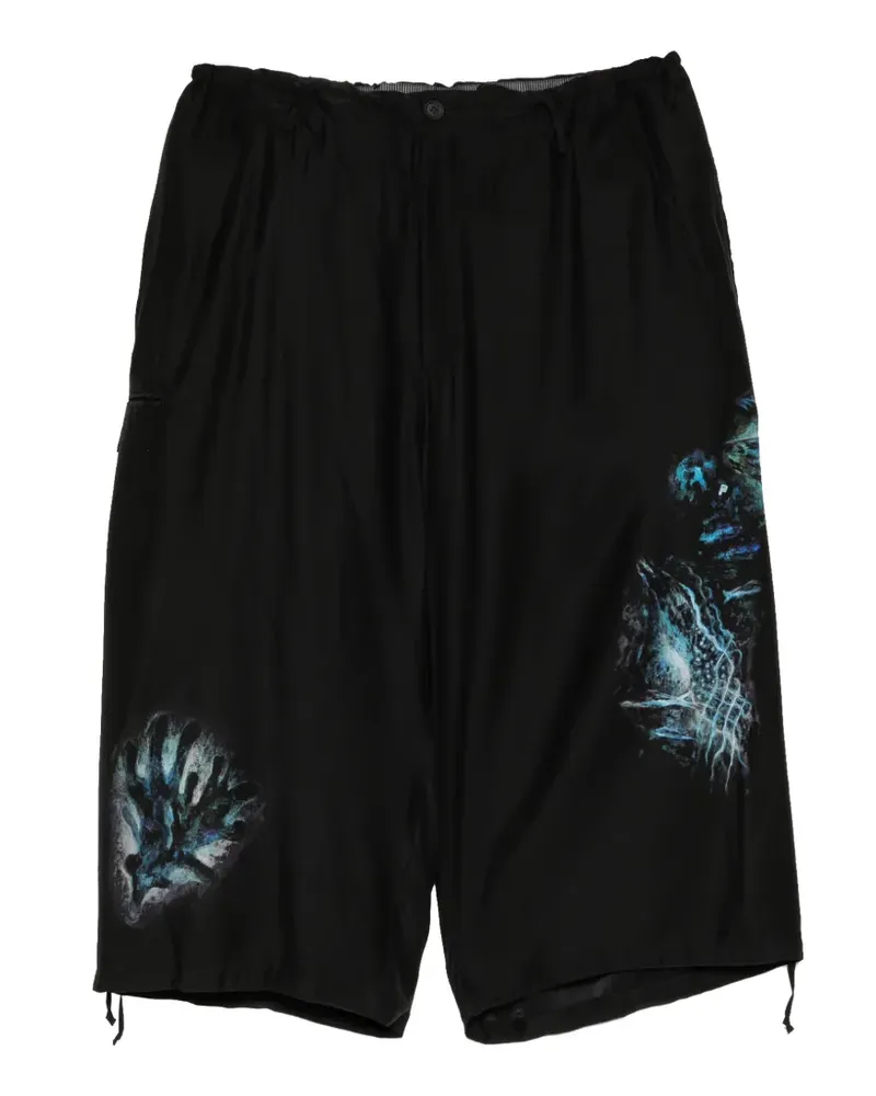 Yohji Yamamoto Kordelzug-Shorts mit Sea Creature-Print - Schwarz Schwarz