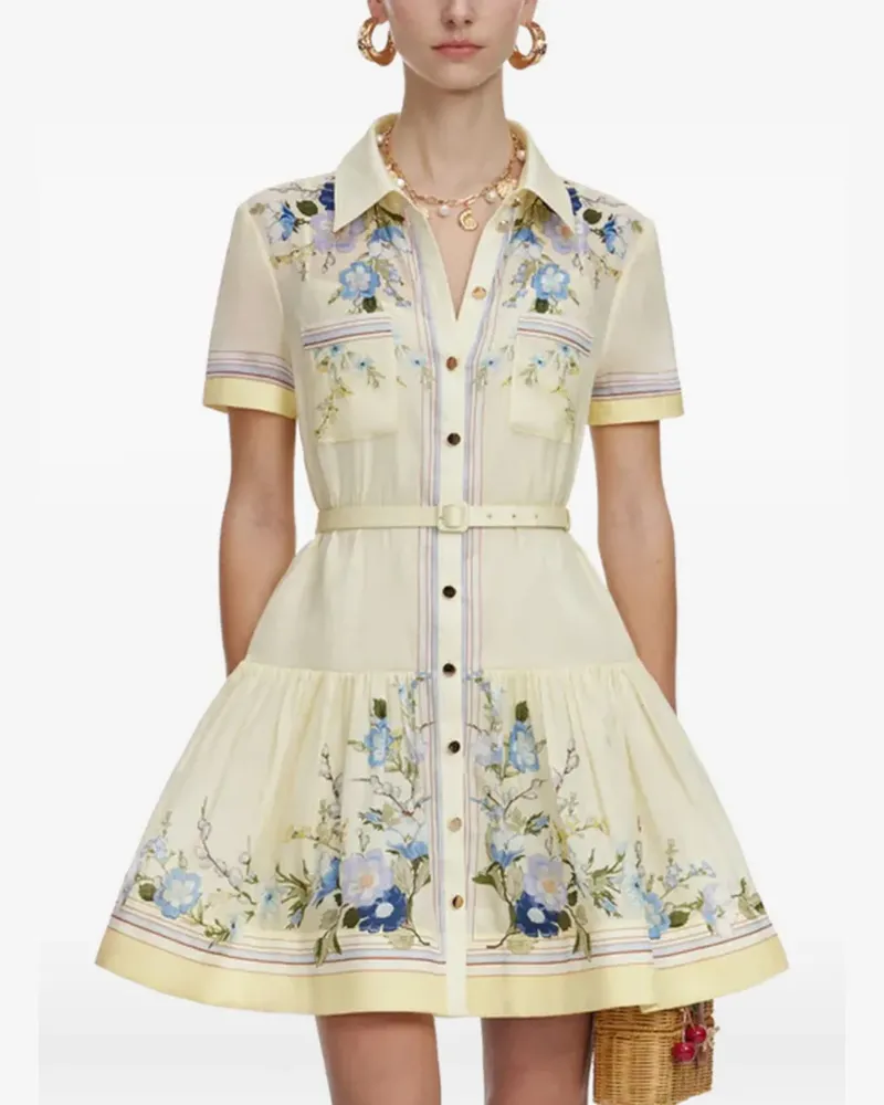 Self-Portrait floral-print belted shirt dress - Gelb Gelb