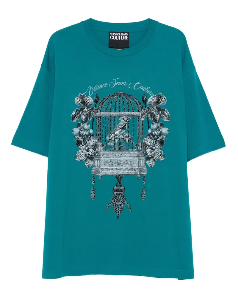 Versace Jeans Verziertes T-Shirt mit Vogelkäfig-Print - Blau Blau
