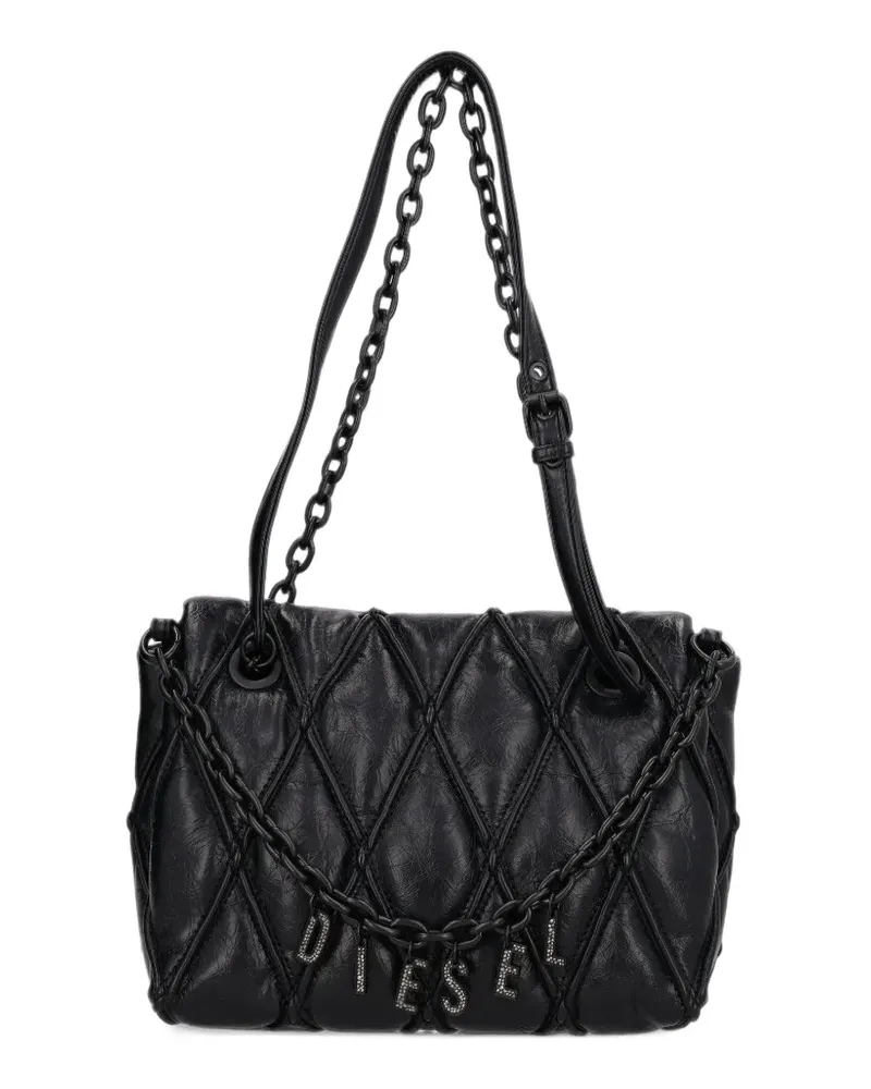 Diesel Charm-D Schultertasche aus glänzendem gestepptem PU - Schwarz Schwarz