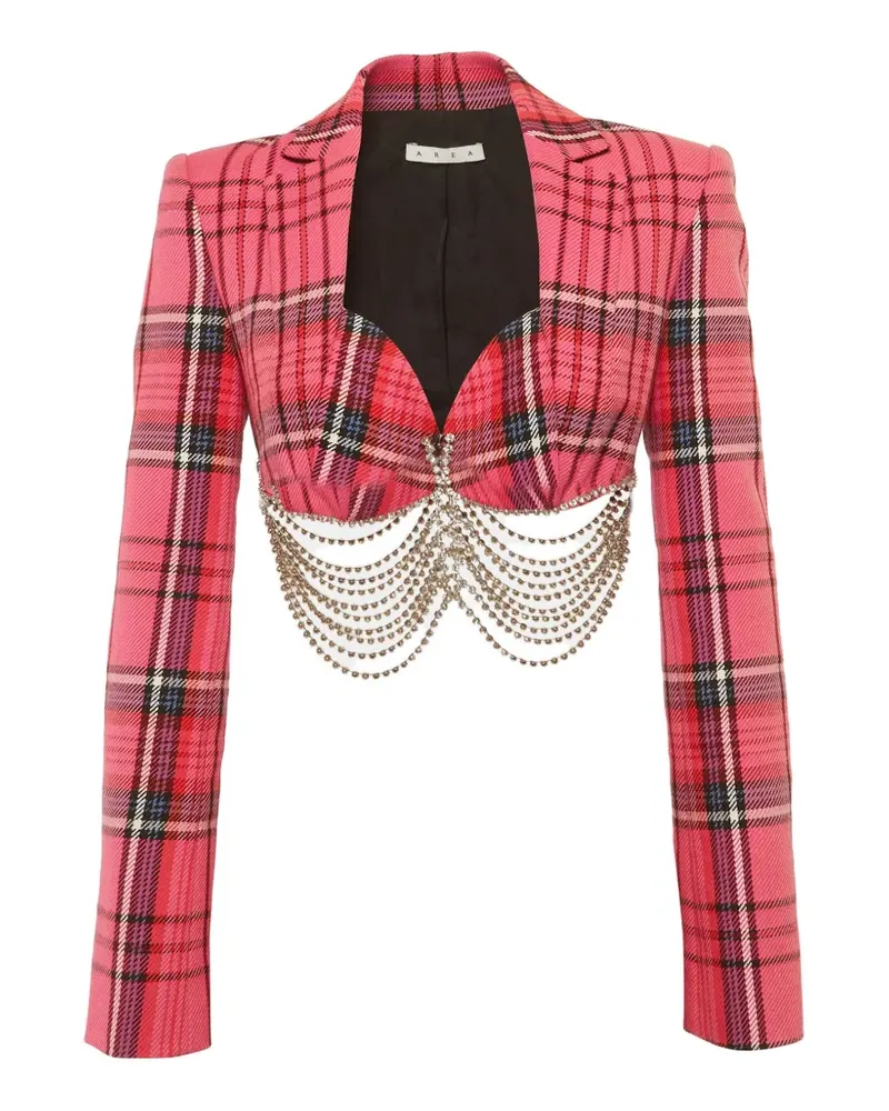 Area plaid-pattern crystal-link chain-detailing cotton cropped jacket - Rosa Rosa
