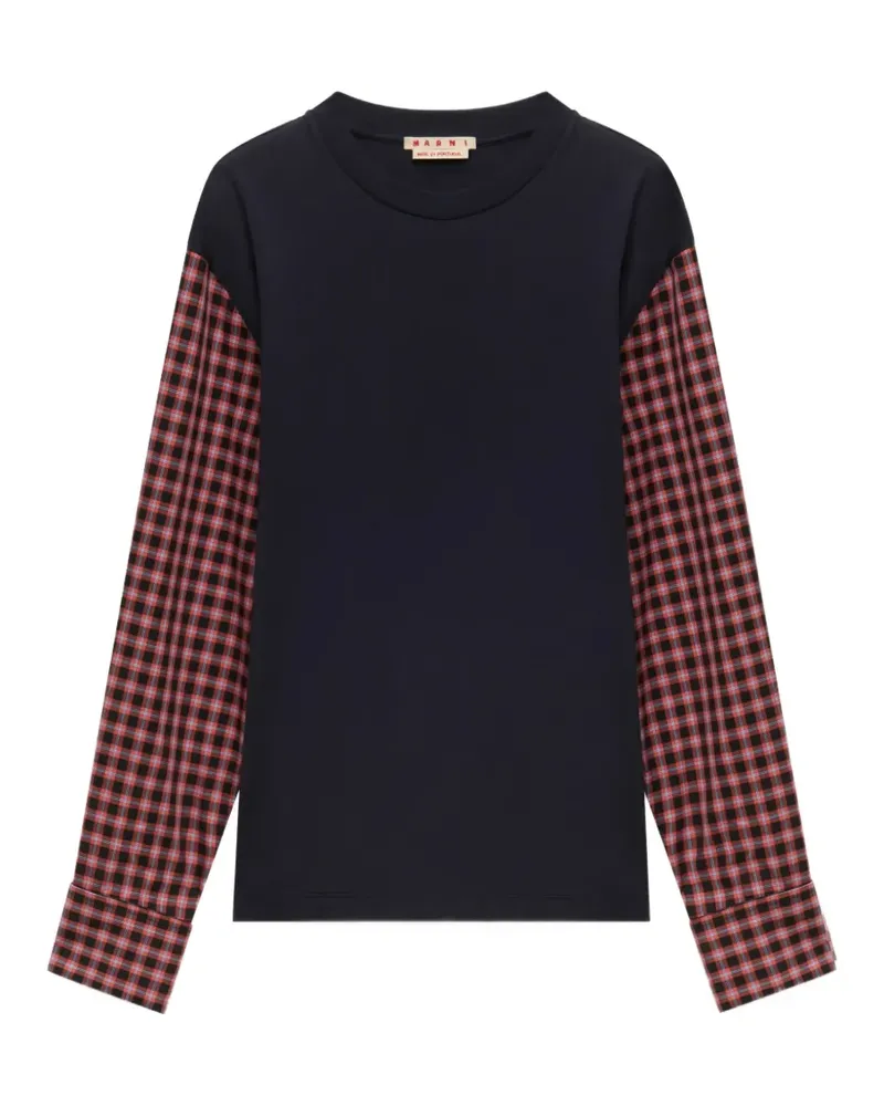 Marni T-Shirt aus tiefblauer Baumwolle mit Karo-Ärmeln Blau