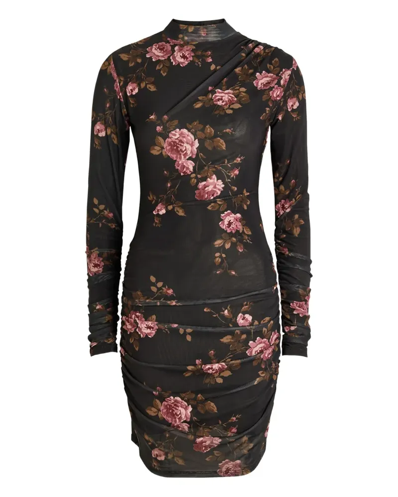 Reformation Gerafftes Kleid mit Blumenmuster - Schwarz Schwarz