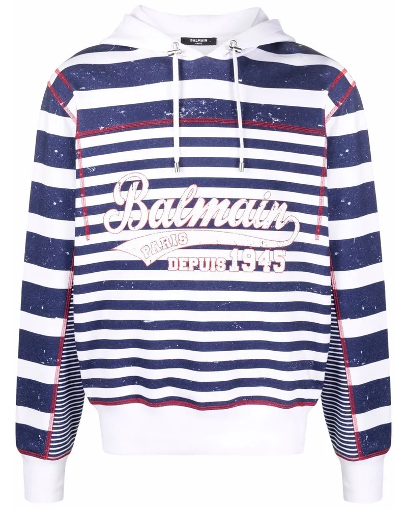 Balmain Gestreifter Hoodie mit Logo-Print Weiß