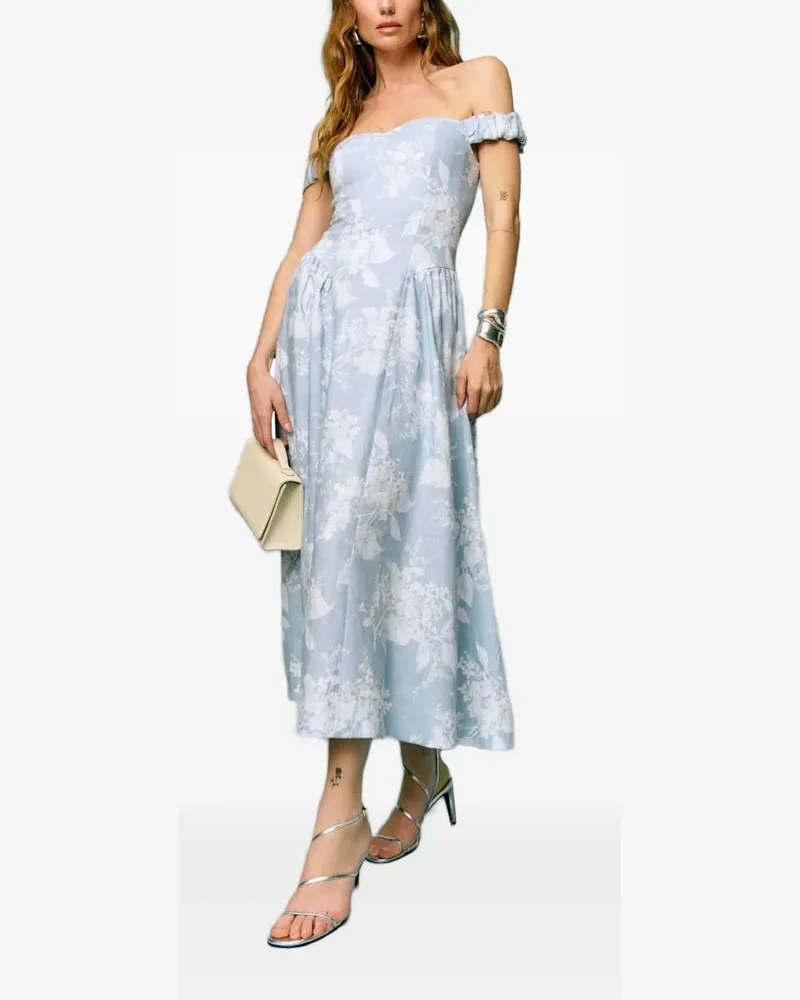 Reformation Schulterfreies Kleid mit Blumen-Print - Blau Blau
