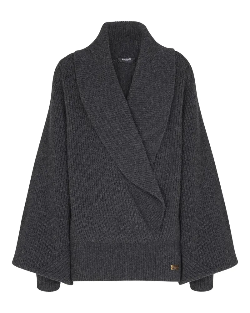 Balmain Gerippter Pullover mit Wickeloptik - Grau Grau