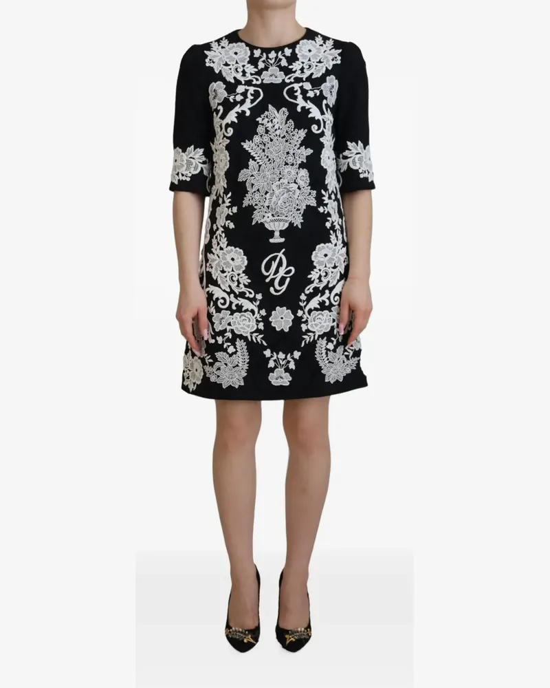 Dolce & Gabbana Kleid mit Blumenstickerei und DG-Logo - Schwarz Schwarz