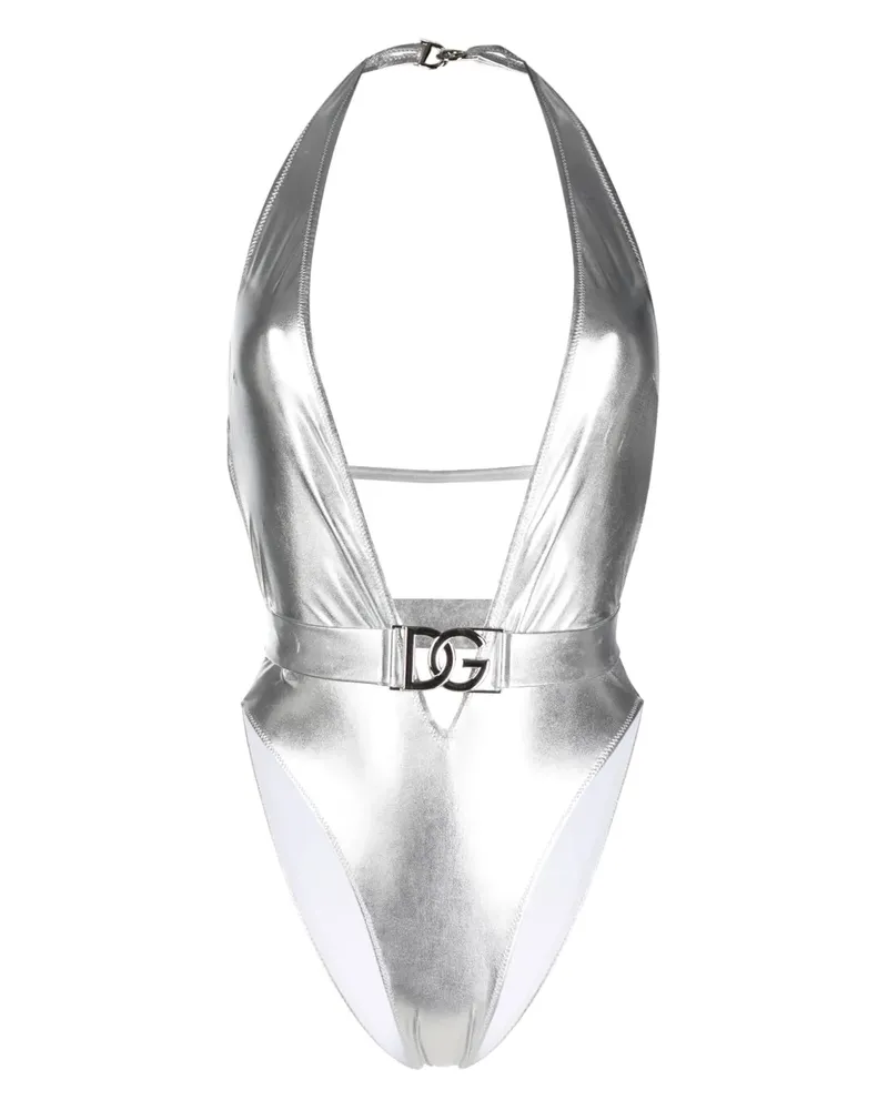 Dolce & Gabbana Badeanzug mit Logo-Schild - Silber Silber