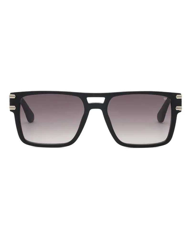 Philipp Plein Eckige Sonnenbrille mit Logo-Schild - Schwarz Schwarz