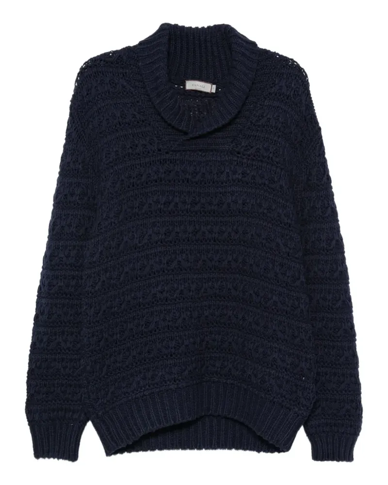 Canali Pullover in Lochstrick mit Schalkragen - Blau Blau
