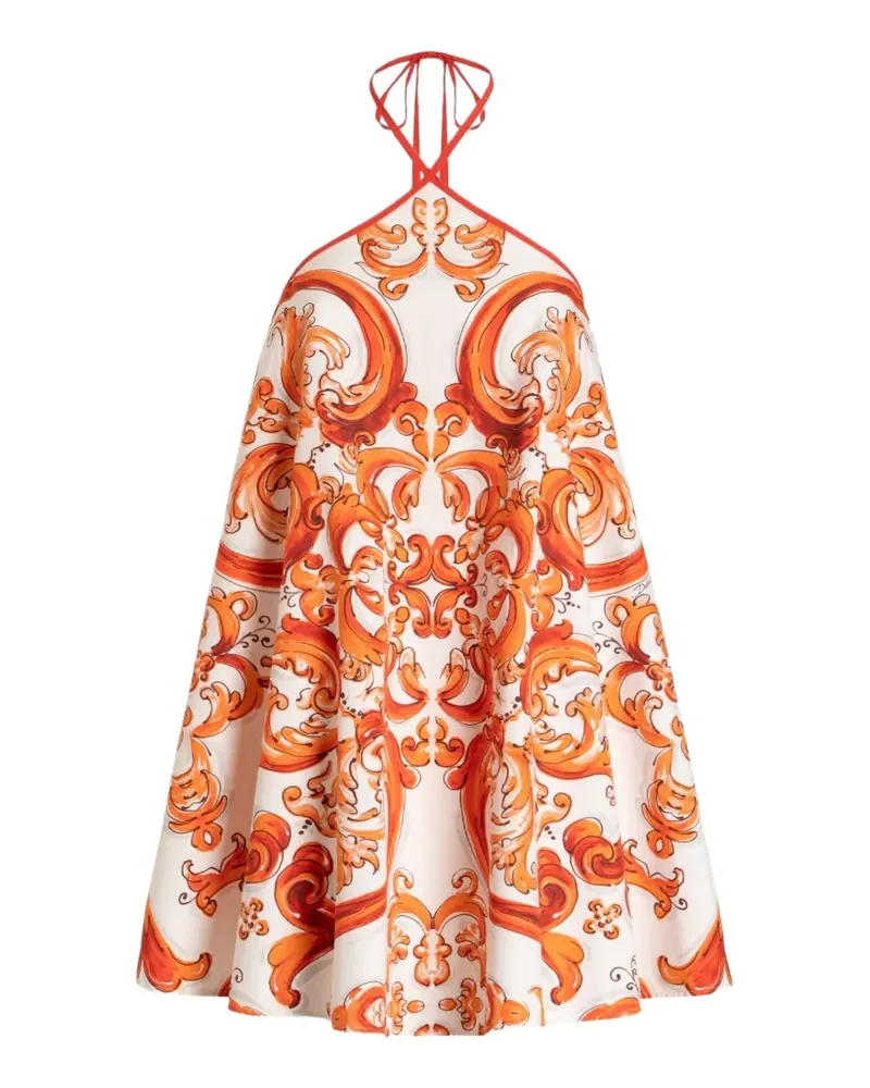 Dolce & Gabbana Langes, ausgestelltes Kleid aus Popeline mit Majolika-Print - Weiß Weiß