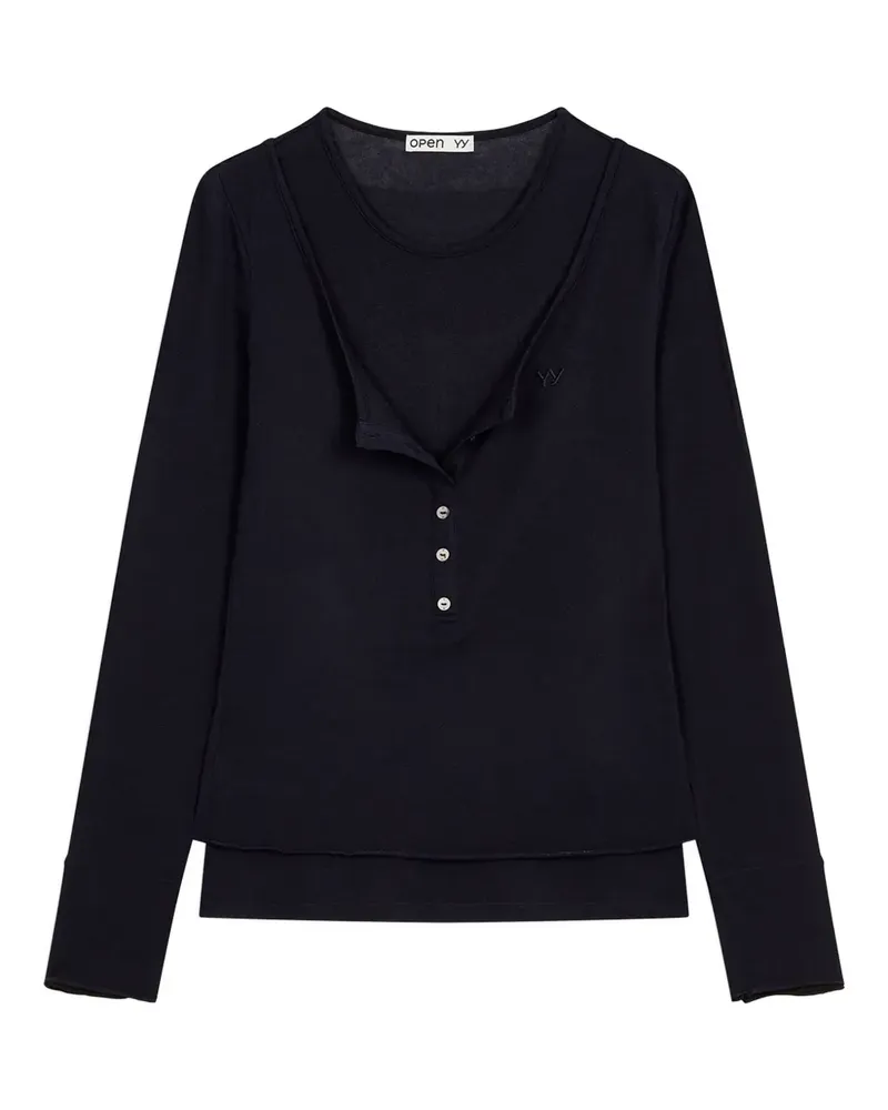 OPEN YY Rundhals-T-Shirt mit Knopfdetail - Blau Blau