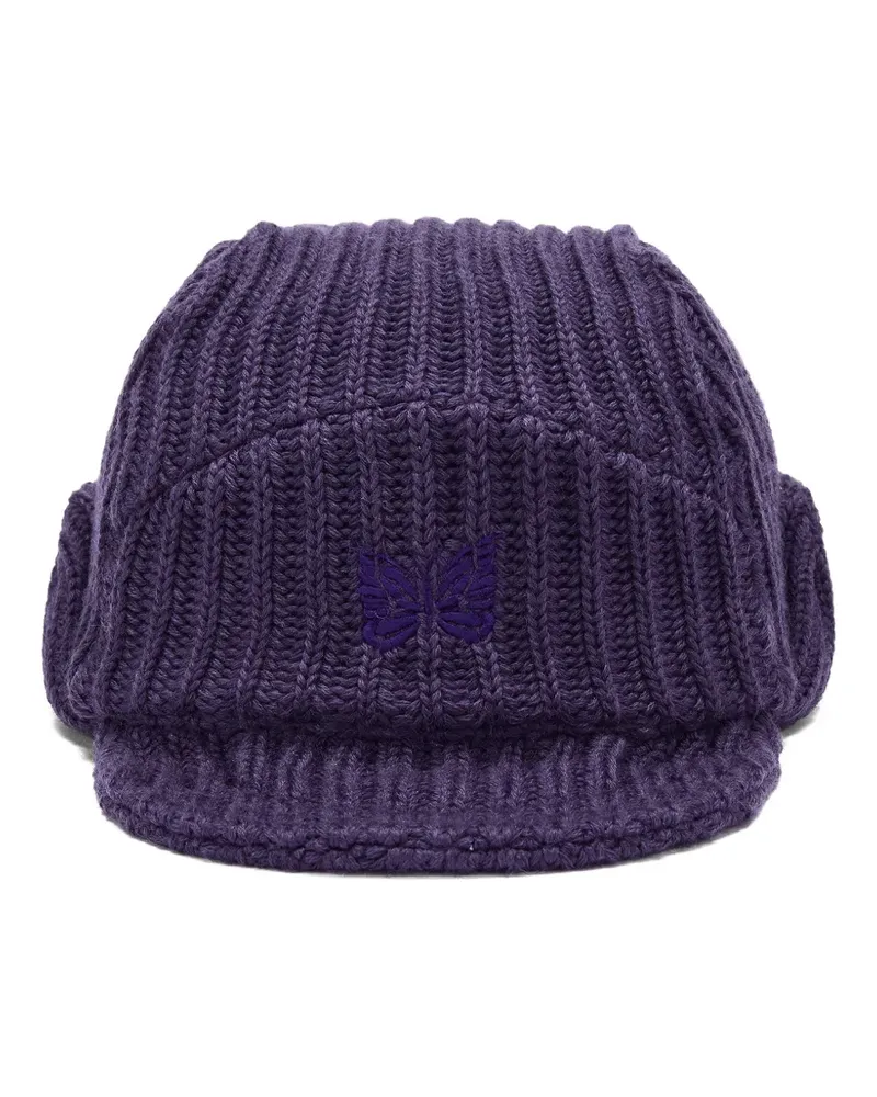 NEEDLES Gerippte Strickmütze mit Schmetterling - Violett Violett