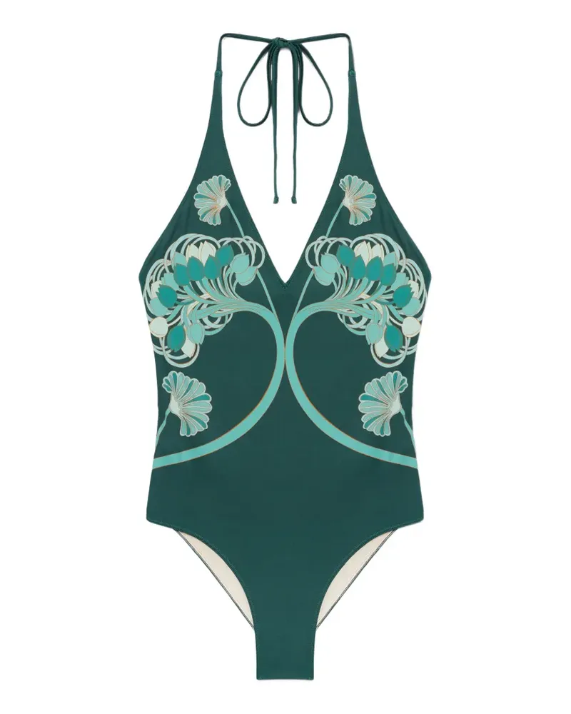La DoubleJ Badeanzug aus Supreme-Lycra mit „Blooming Tulip Placée“-Print in Dunkelgrün Grün