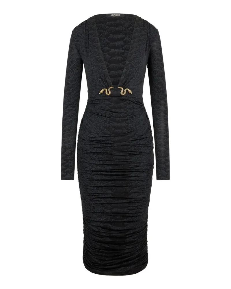 Roberto Cavalli Midikleid mit Schlangendetail - Schwarz Schwarz
