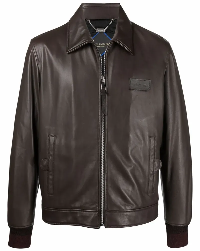 Billionaire Lederjacke mit Logo-Patch - Braun Braun