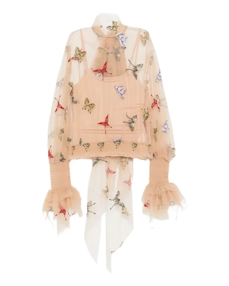 Blumarine butterfly-embroidered mesh blouse - Nude Nude