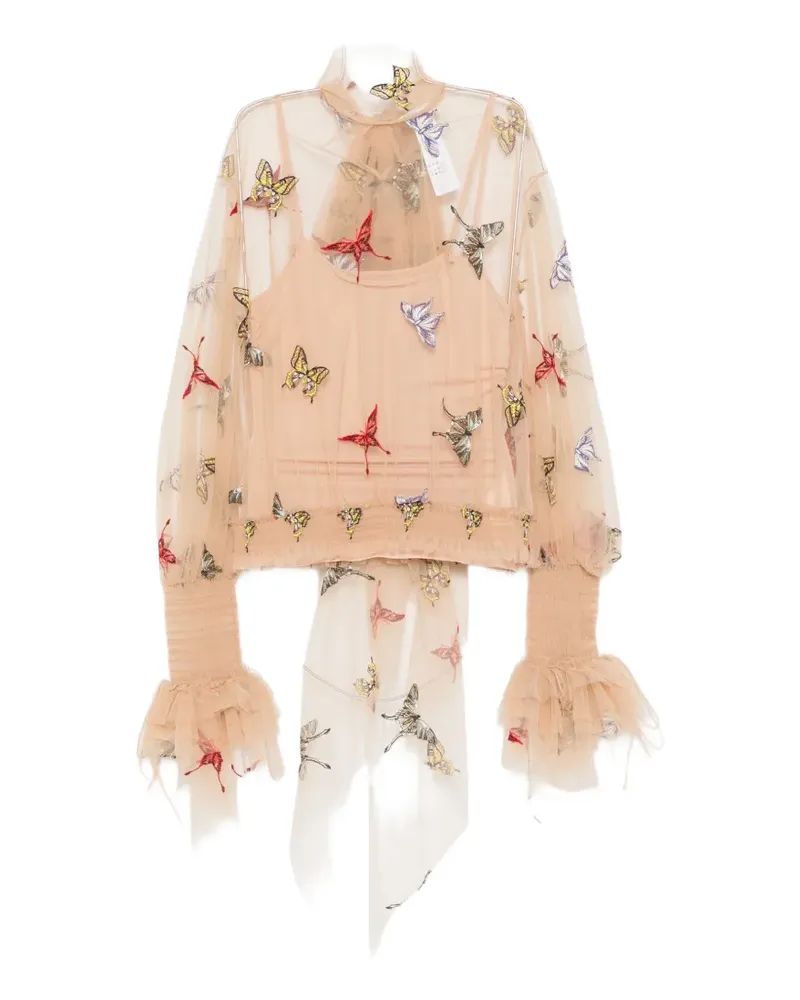 Blumarine butterfly-embroidered mesh blouse - Nude Nude