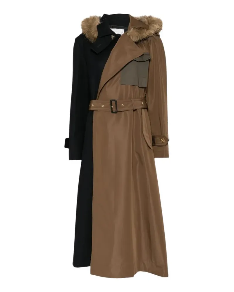Sacai Mantel mit Faux Fur-Besatz - Braun Braun