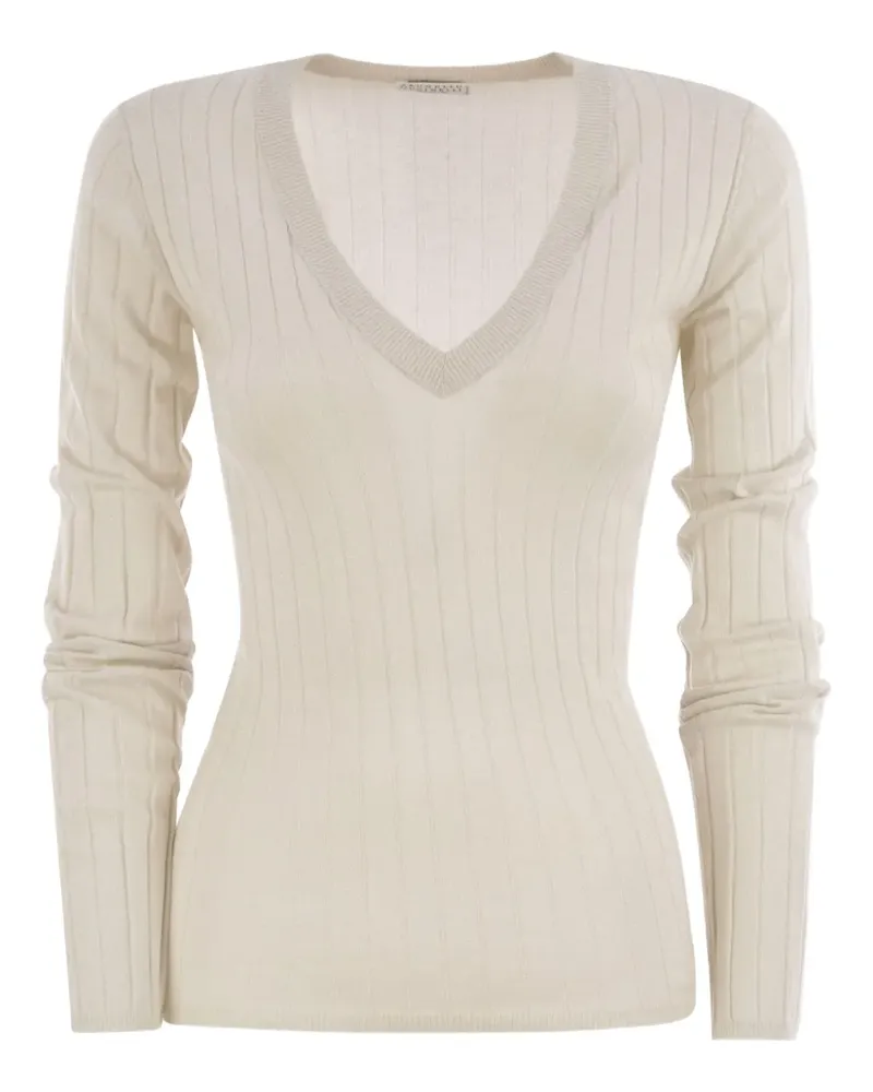 Brunello Cucinelli Geripptes Langarmshirt mit V-Ausschnitt - Nude Nude