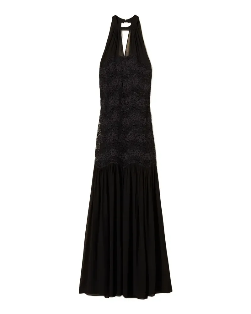 Twin-Set Langes Kleid aus Makramee-Spitze und Georgette - Schwarz Schwarz