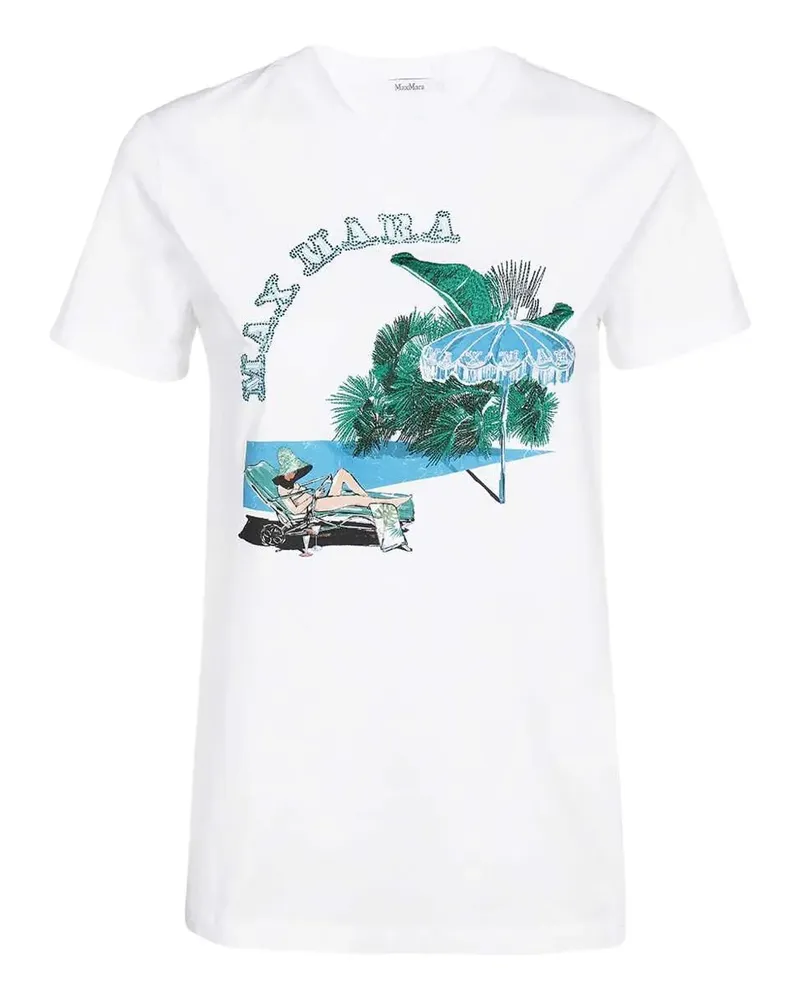 Max Mara Besticktes T-Shirt mit Strandszene - Weiß Weiß