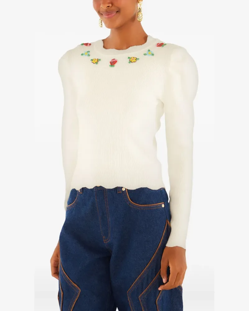 FARM Rio beaded puff-sleeve top - Weiß Weiß