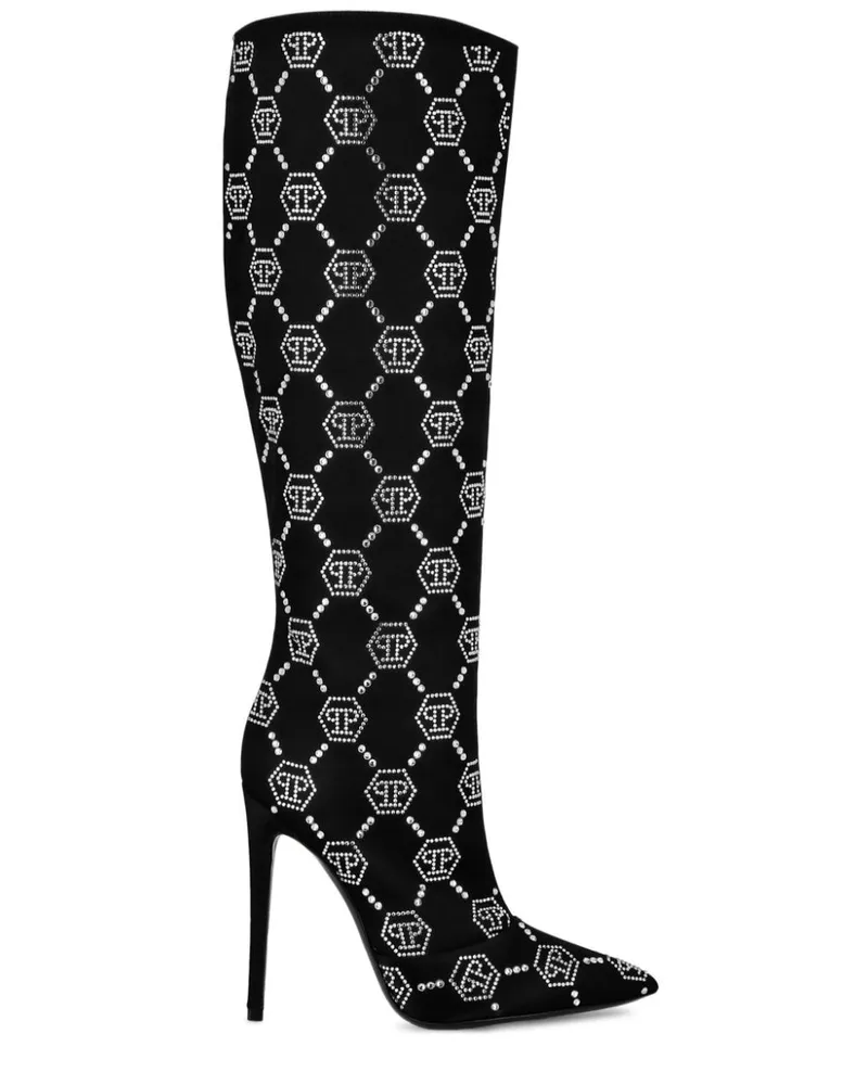 Philipp Plein Satin-Stiefel mit Monogrammmuster 120mm - Schwarz Schwarz