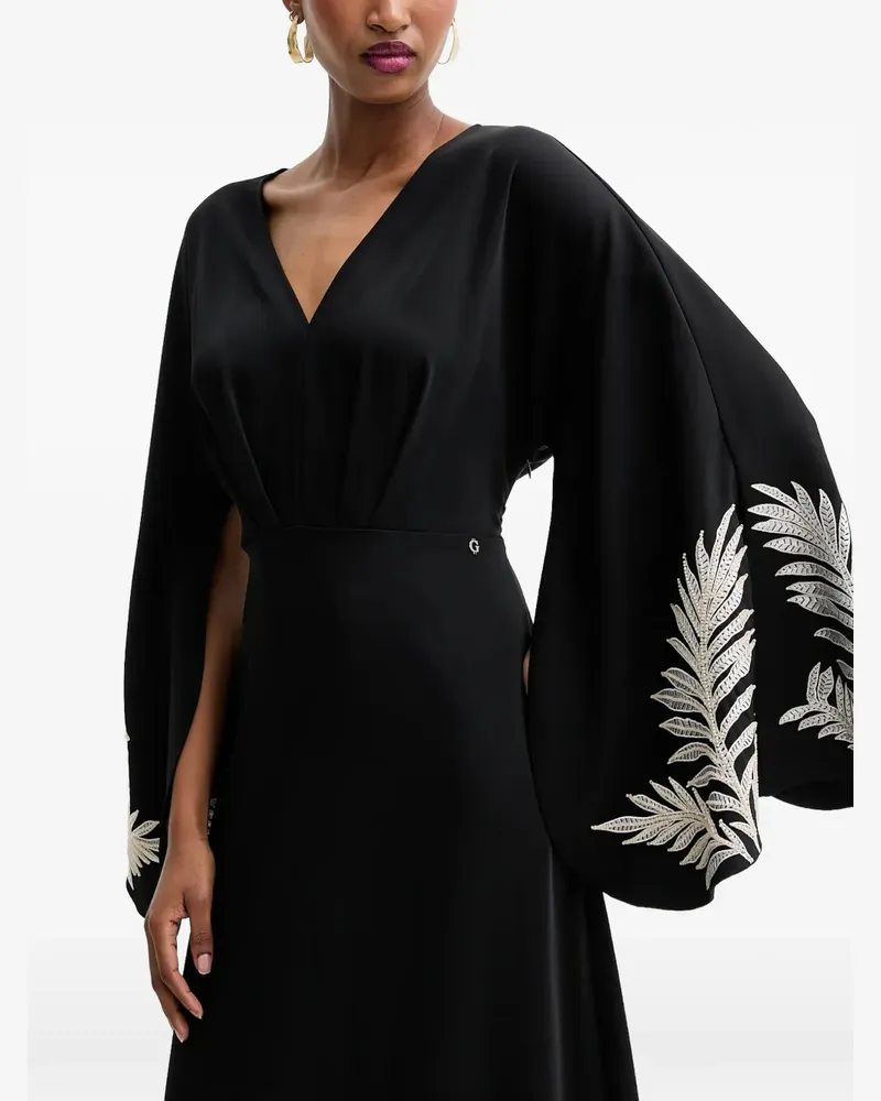 Guess V-Ausschnitt-Kleid mit Blattstickerei - Schwarz Schwarz