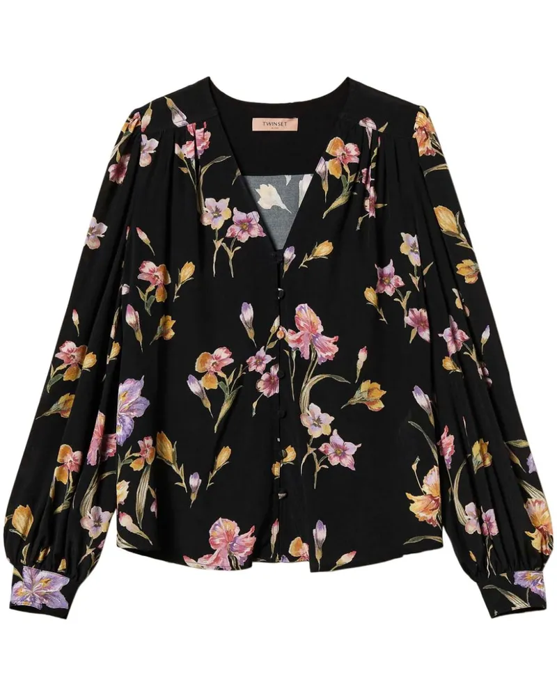 Twin-Set Hemd aus Chinakrepp mit Blumen - Schwarz Schwarz