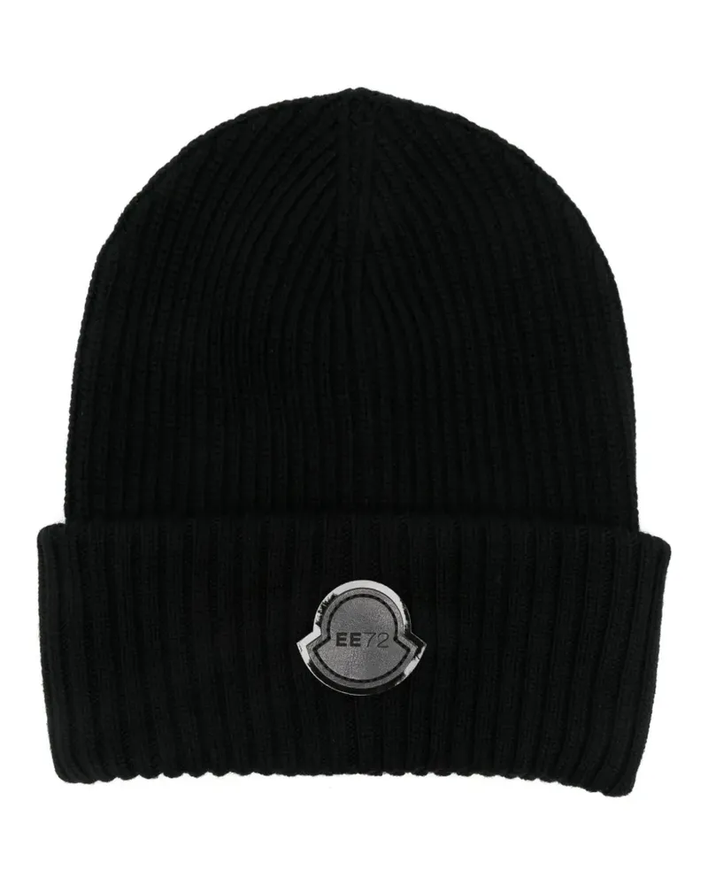 Moncler Gerippte Beanie mit Logo-Patch - Schwarz Schwarz