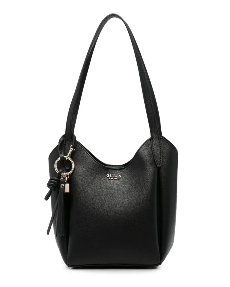 Guess Melody Schultertasche aus gekörntem Leder mit Logo-Schild - Schwarz Schwarz