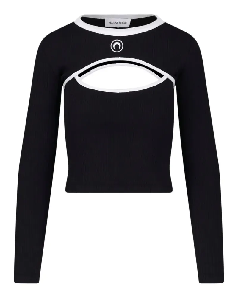 Marine Serre Moon-logo bicolor ribbed jersey long-sleeves cutout-shirt - Schwarz Schwarz
