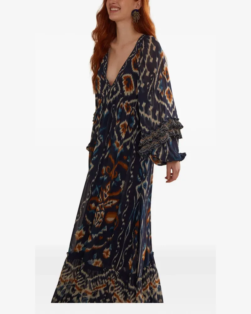 FARM Rio Gerüschtes Maxikleid mit Ikat-Muster - Blau Blau