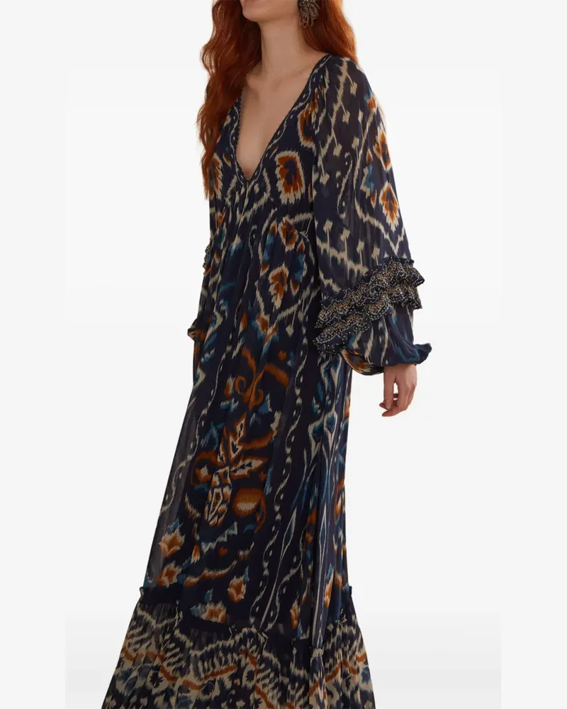 FARM Rio Gerüschtes Maxikleid mit Ikat-Muster - Blau Blau