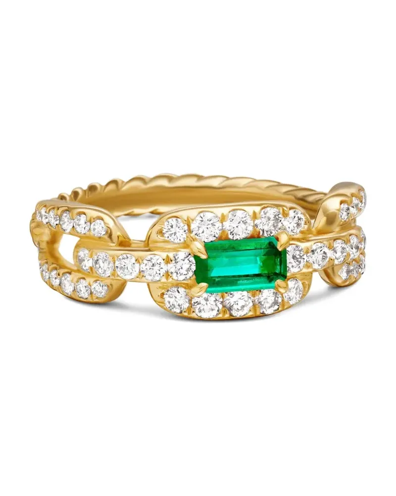 David Yurman 18kt Stax Chain Link Gelbgoldring mit Smaragd und Diamanten (7mm Gold