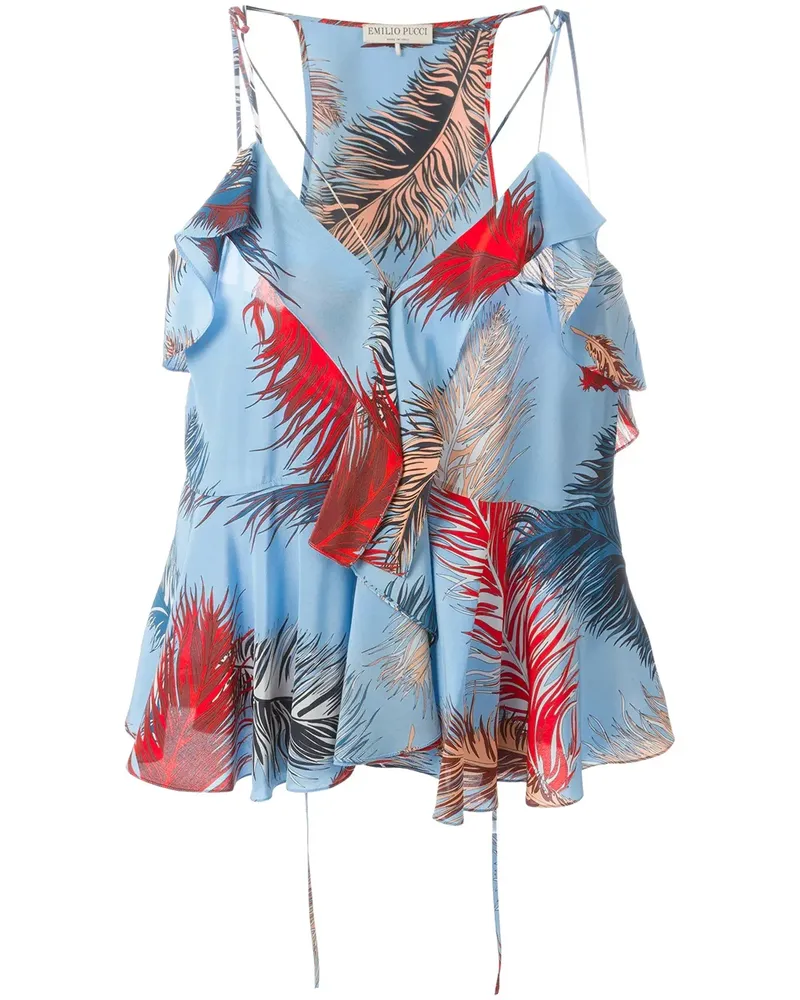 Emilio Pucci Seidentop mit Federn-Print - Blau Blau