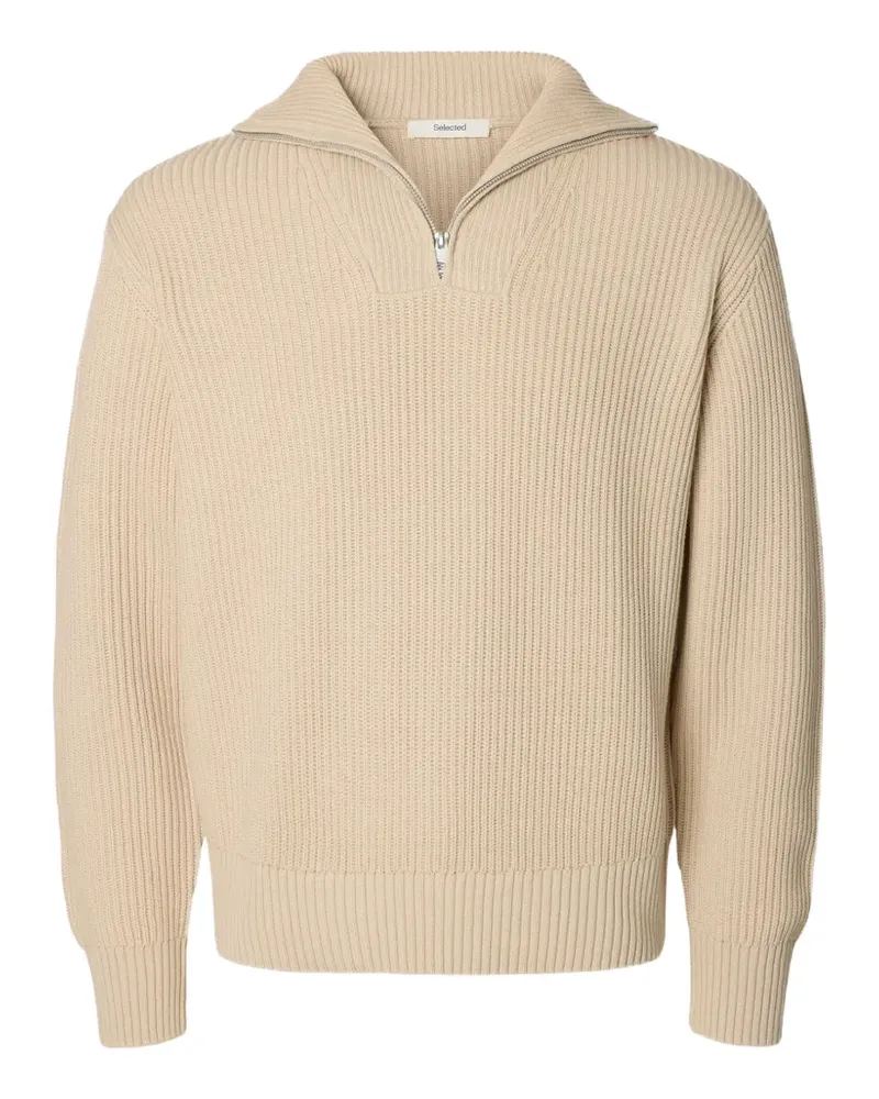 Selected Gerippter Pullover mit kurzem Reißverschluss - Nude Nude