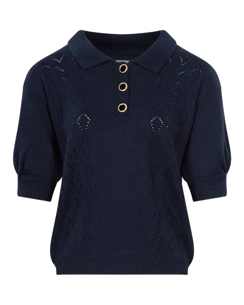 Alessandra Rich Poloshirt aus Pointelle-Strick mit Puffärmeln - Blau Blau