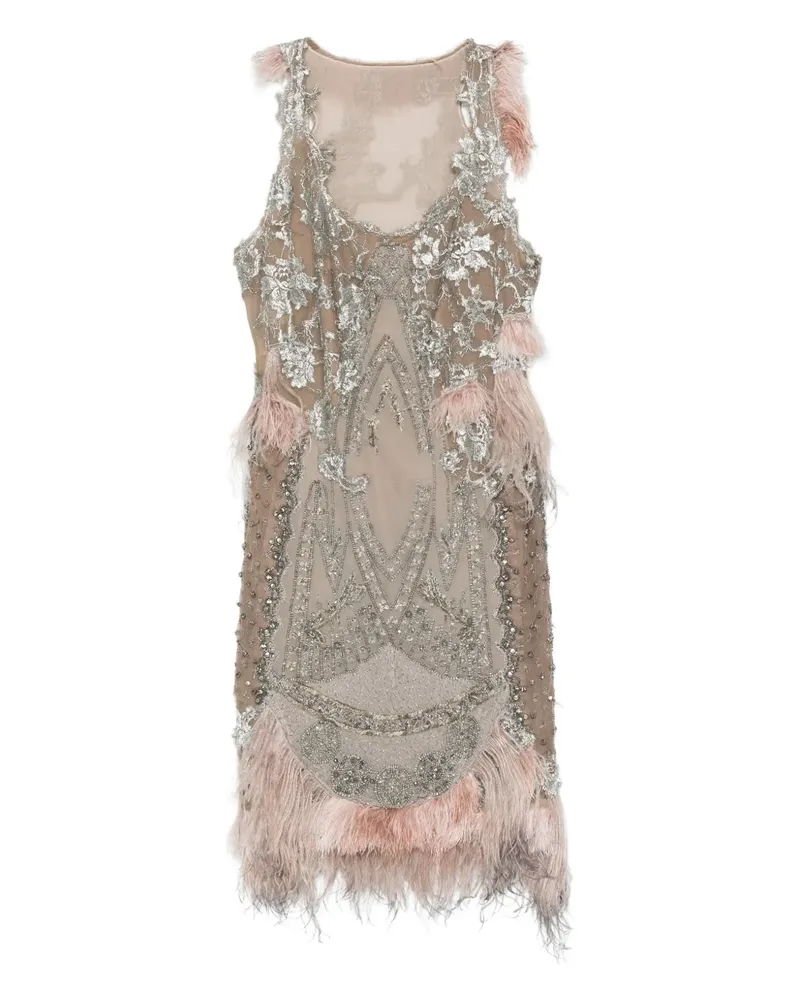 Alberta Ferretti Perlenstickerei-Kleid mit Federbesatz - Grau Grau