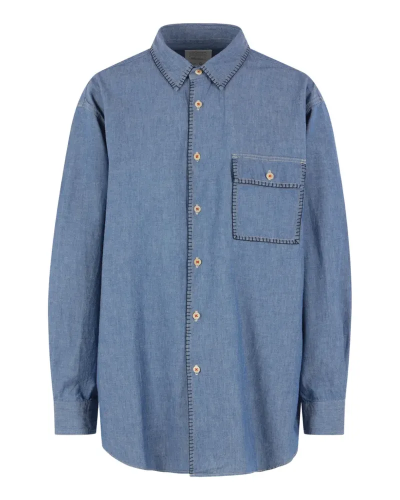 KURO blanket-stitch chambray shirt - Blau Blau