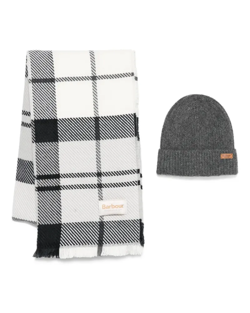Barbour Set aus kariertem Schal und Beanie mit Logo-Applikation - Grau Grau