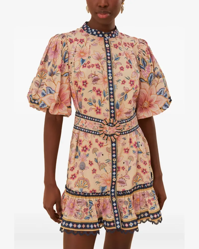 FARM Rio Geblümtes Kleid mit Puffärmeln - Nude Nude