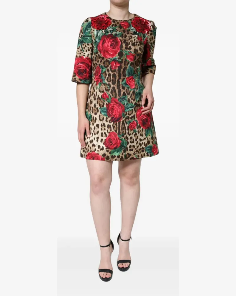 Dolce & Gabbana leopard-print rose-appliqué mini dress - Braun Braun