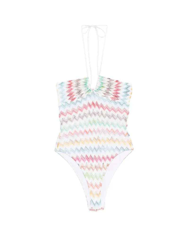 Missoni zigzag-knit halterneck swimsuit - Weiß Weiß