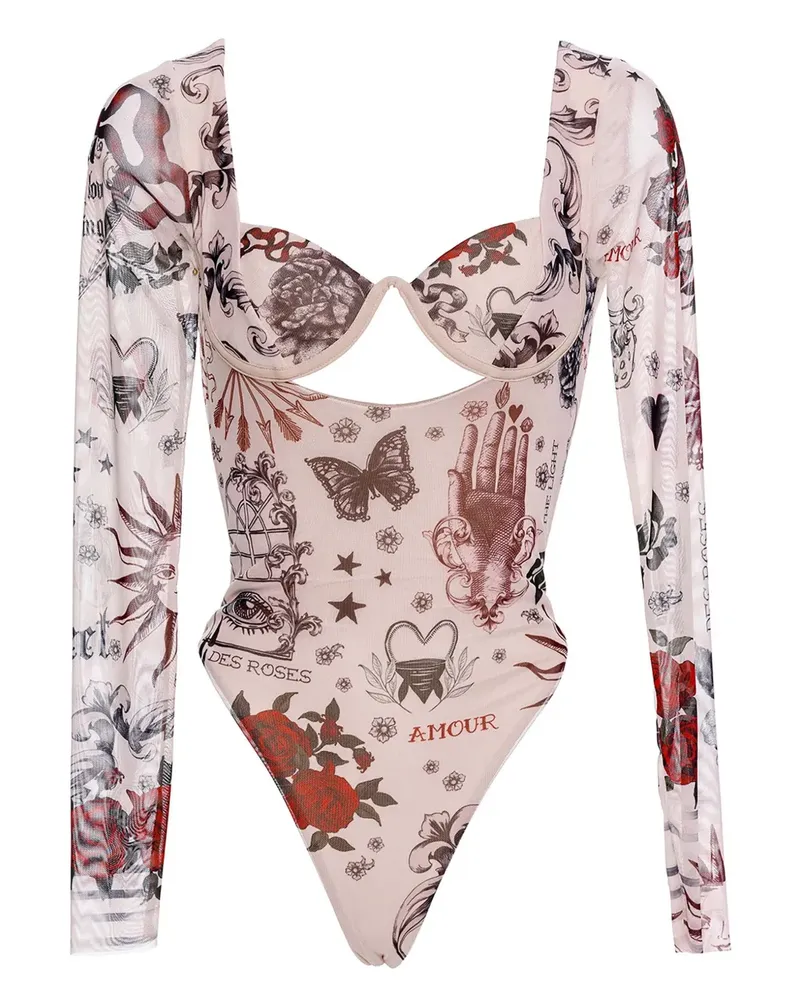 AGUA BENDITA Lurex-Body mit Tattoo-Print - Nude Nude