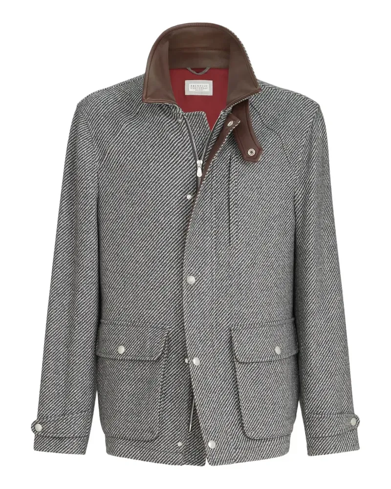 Brunello Cucinelli cashmere and silk diagonal field jacket with nappa-leather inserts - Grau Grau
