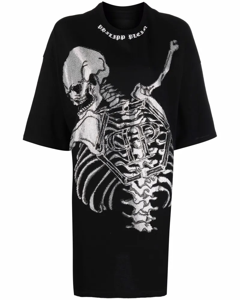 Philipp Plein T-Shirtkleid mit Skelett-Print - Schwarz Schwarz